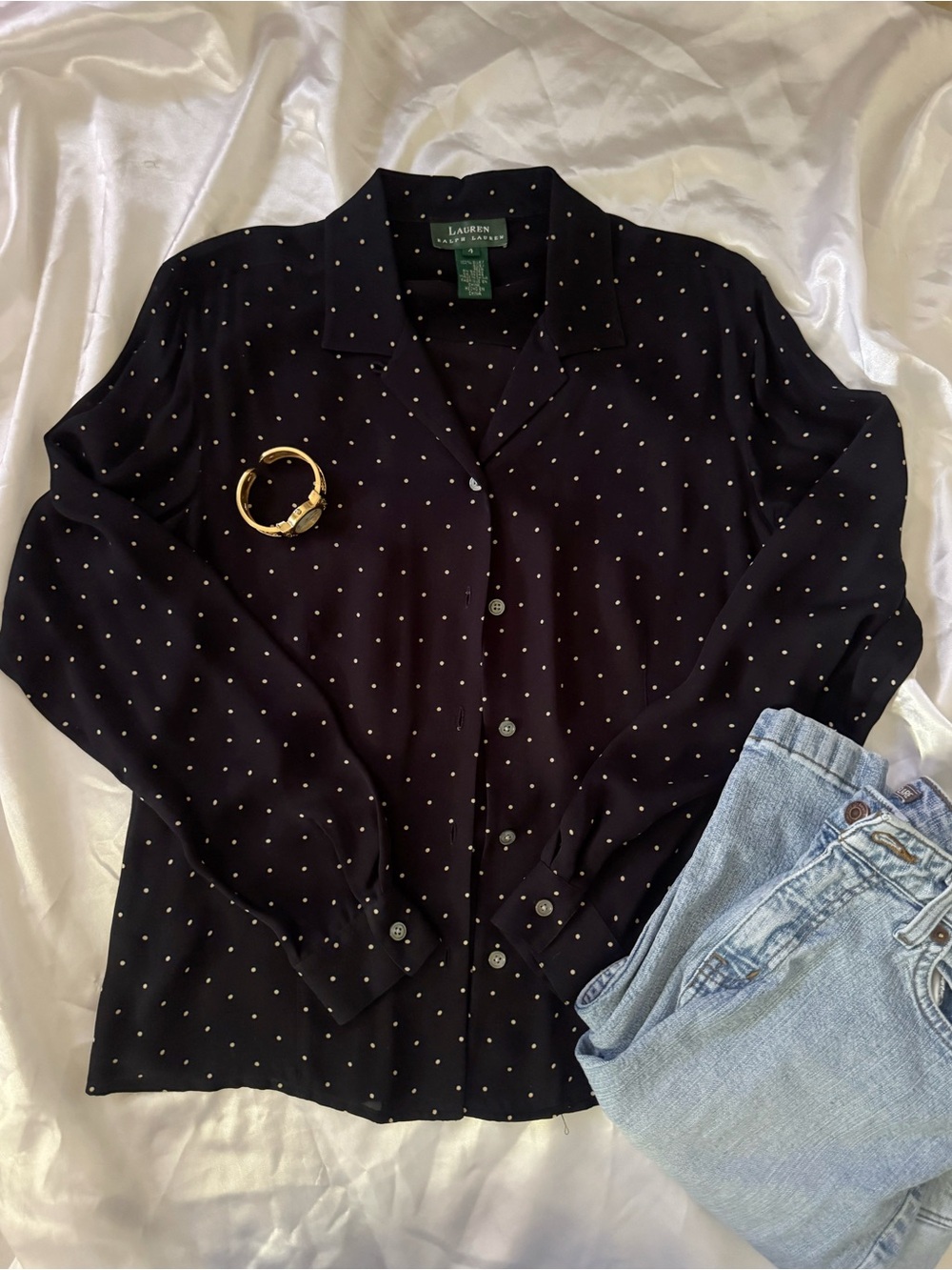 Lauren Ralph Lauren navy blue Polka Dot Long-Sleeve Blouse